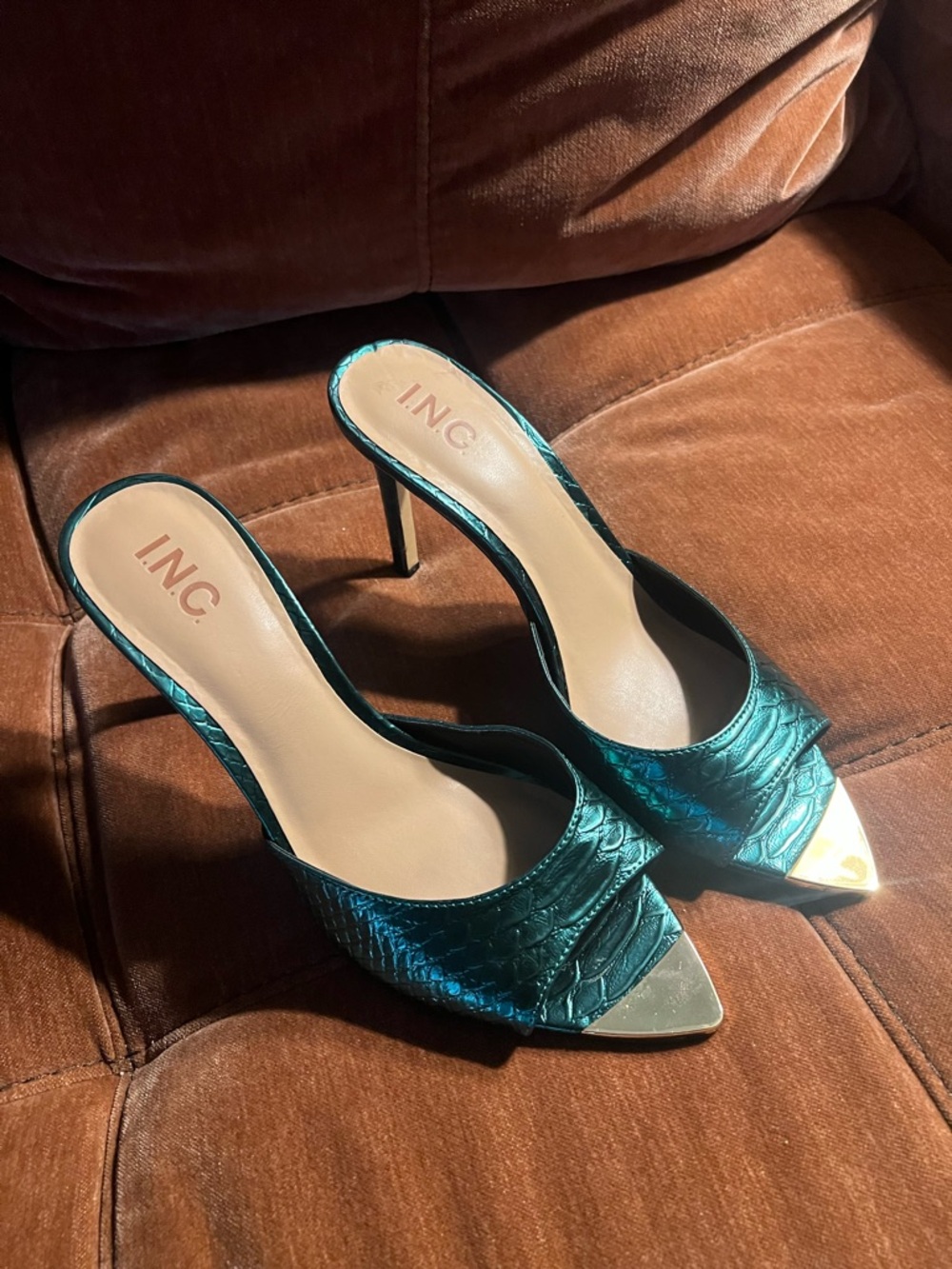 INC International Concepts Teal Metallic Pointed Toe Slip-On Heels